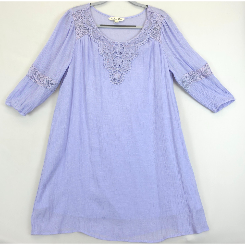 Indigo Rose Shift Dress Women 1X Lavender Embroidered Lined Crinkle Boho Prairie